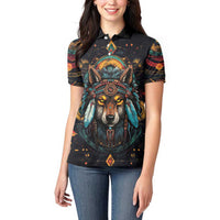 Native American Wolf Women Polo Shirt Abstract Geometric Style