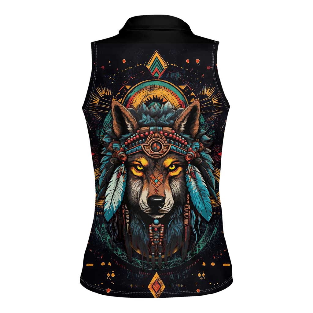 Native American Wolf Women Sleeveless Polo Shirt Abstract Geometric Style