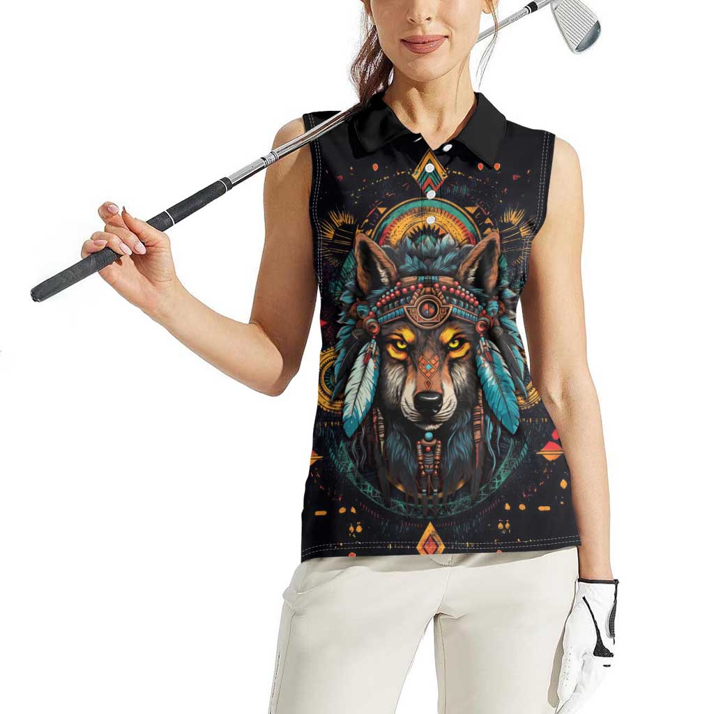 Native American Wolf Women Sleeveless Polo Shirt Abstract Geometric Style