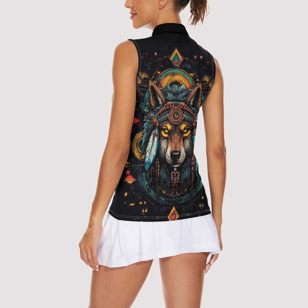 Native American Wolf Women Sleeveless Polo Shirt Abstract Geometric Style