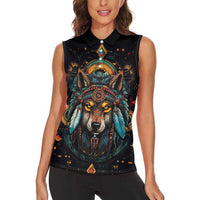 Native American Wolf Women Sleeveless Polo Shirt Abstract Geometric Style