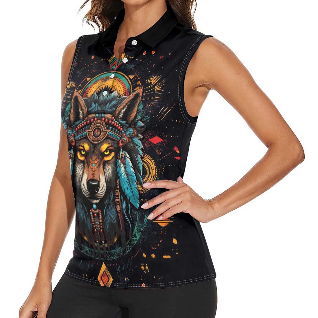 Native American Wolf Women Sleeveless Polo Shirt Abstract Geometric Style