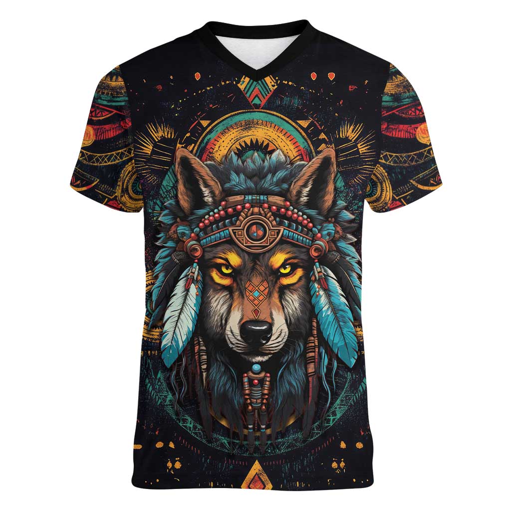 Native American Wolf Women V-Neck T-Shirt Abstract Geometric Style