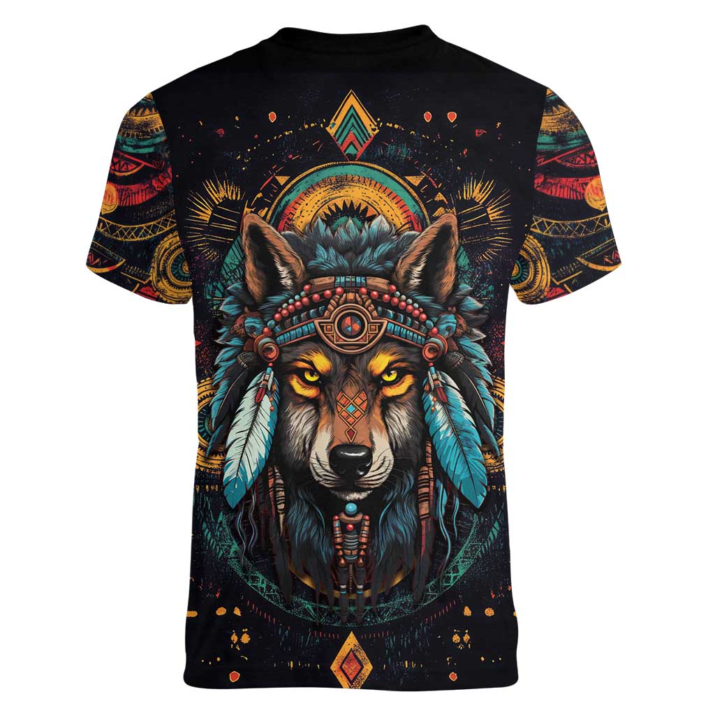 Native American Wolf Women V-Neck T-Shirt Abstract Geometric Style