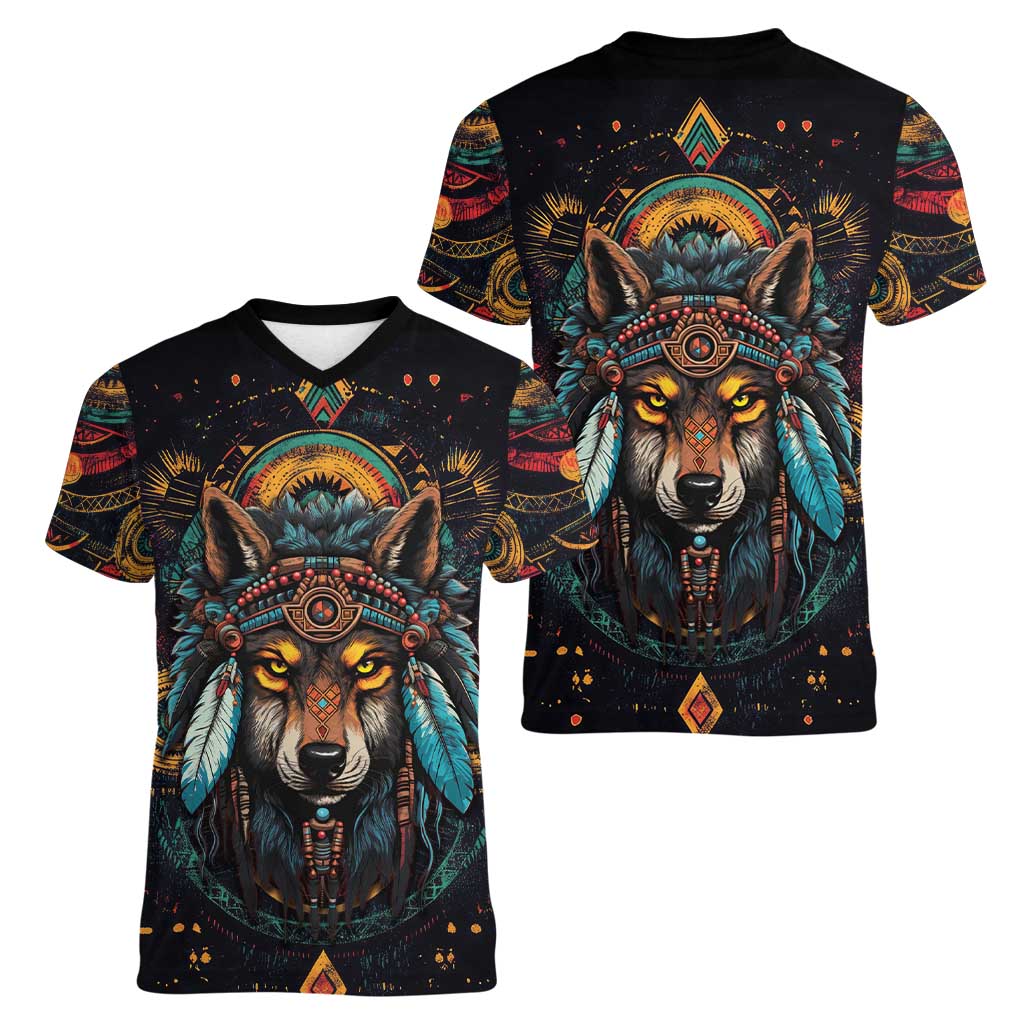 Native American Wolf Women V-Neck T-Shirt Abstract Geometric Style