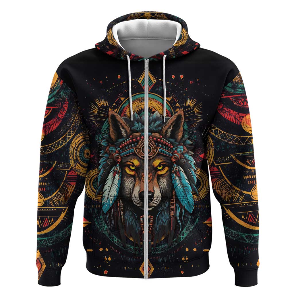 Native American Wolf Zip Hoodie Abstract Geometric Style