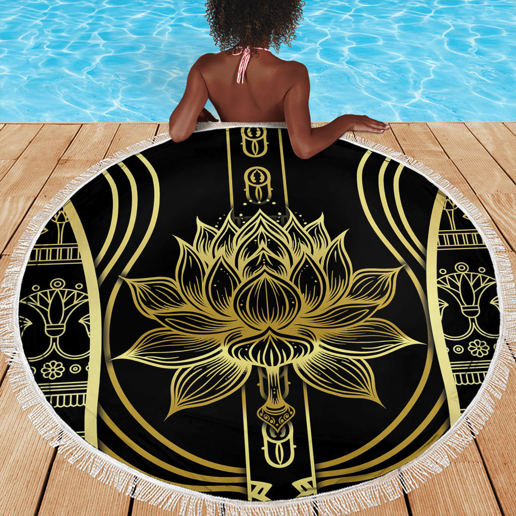 Egypt The Lotus Beach Blanket Gold Bloom Hieroglyphic Patterns