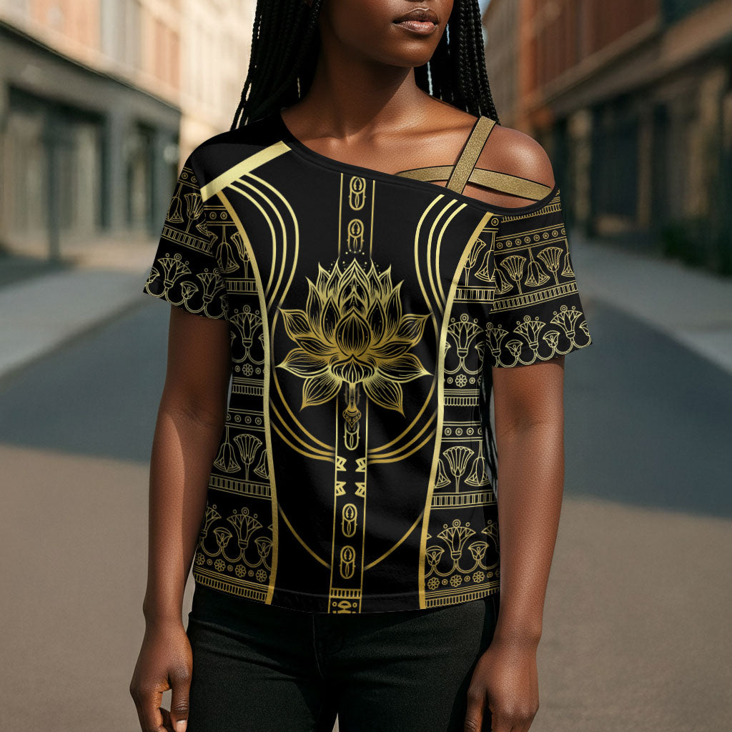 Egypt The Lotus Cross Shoulder Shirt Gold Bloom Hieroglyphic Patterns