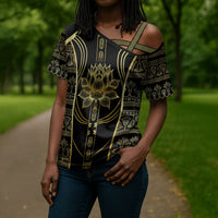 Egypt The Lotus Cross Shoulder Shirt Gold Bloom Hieroglyphic Patterns
