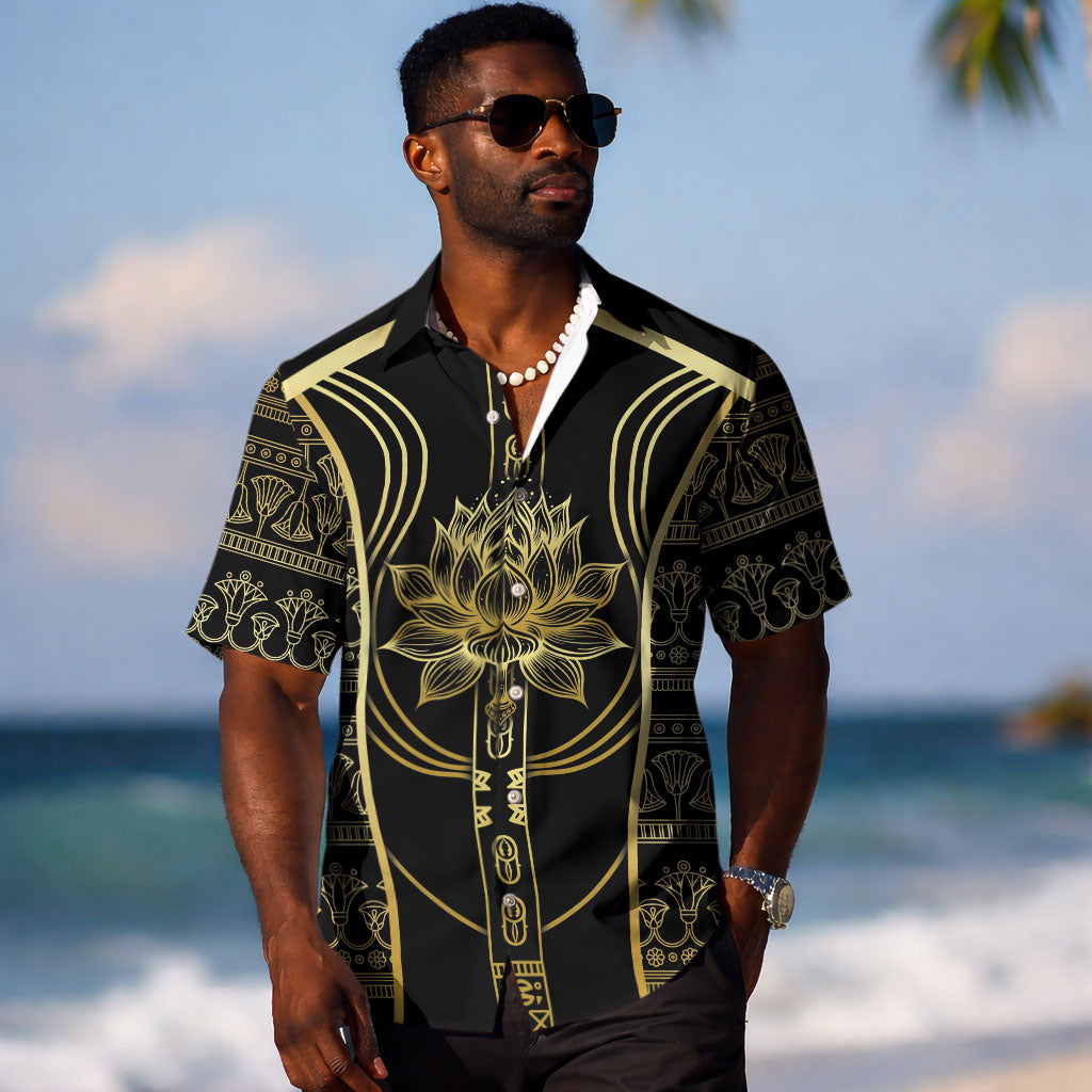 Egypt The Lotus Hawaiian Shirt Gold Bloom Hieroglyphic Patterns DT05