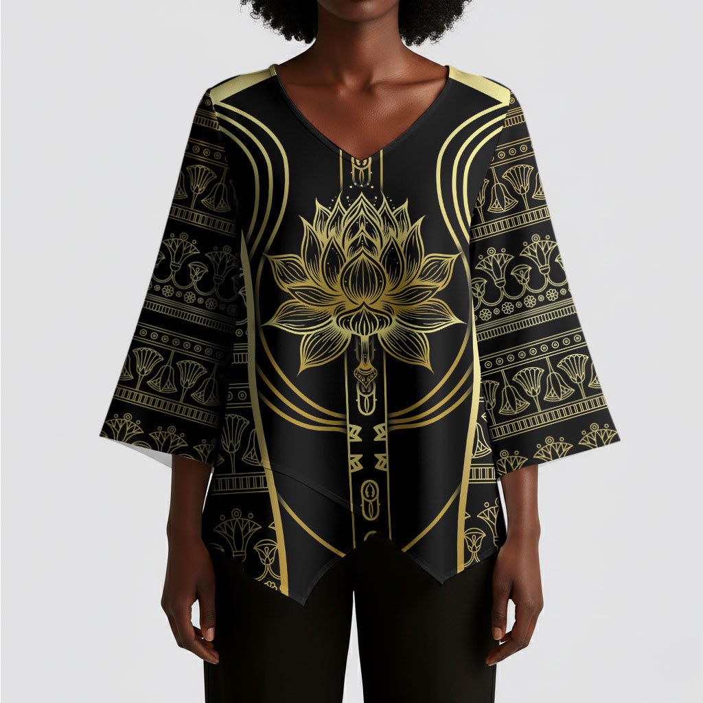 Egypt The Lotus Kimono Sleeve Blouse Gold Bloom Hieroglyphic Patterns