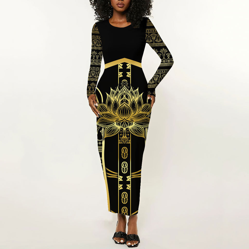 Egypt The Lotus Long Sleeve Bodycon Dress Gold Bloom Hieroglyphic Patterns
