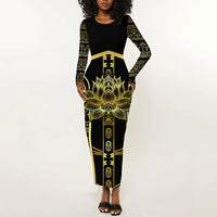 Egypt The Lotus Long Sleeve Bodycon Dress Gold Bloom Hieroglyphic Patterns
