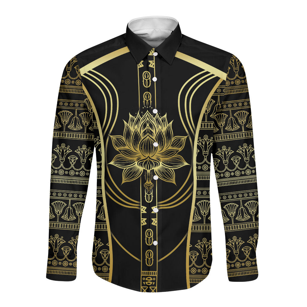 Egypt The Lotus Long Sleeve Button Shirt Gold Bloom Hieroglyphic Patterns