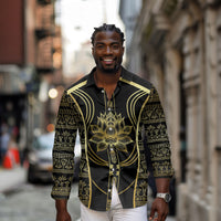 Egypt The Lotus Long Sleeve Button Shirt Gold Bloom Hieroglyphic Patterns