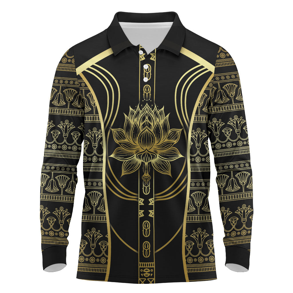 Egypt The Lotus Long Sleeve Polo Shirt Gold Bloom Hieroglyphic Patterns