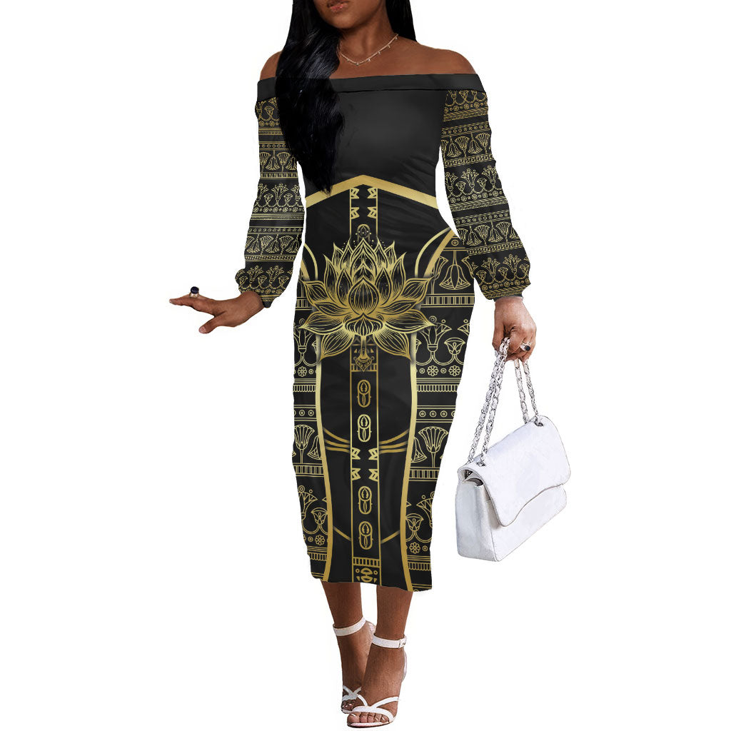 Egypt The Lotus Off The Shoulder Long Sleeve Dress Gold Bloom Hieroglyphic Patterns