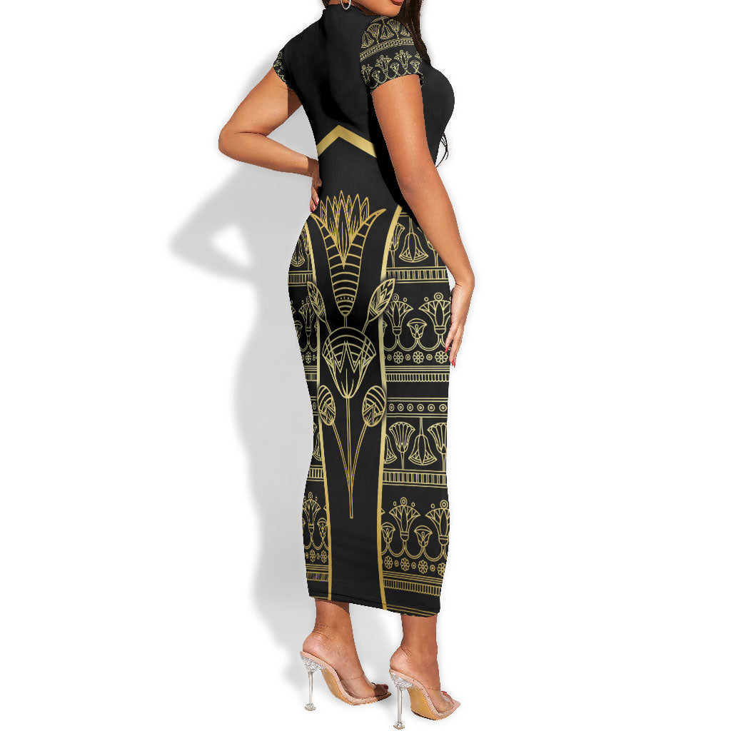 Egypt The Lotus Short Sleeve Bodycon Dress Gold Bloom Hieroglyphic Patterns