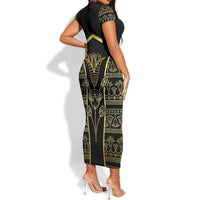 Egypt The Lotus Short Sleeve Bodycon Dress Gold Bloom Hieroglyphic Patterns
