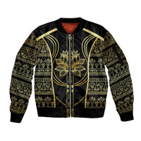 Egypt The Lotus Sleeve Zip Bomber Jacket Gold Bloom Hieroglyphic Patterns