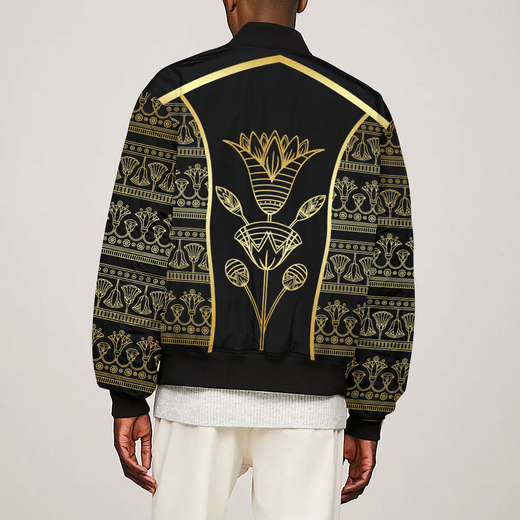 Egypt The Lotus Sleeve Zip Bomber Jacket Gold Bloom Hieroglyphic Patterns