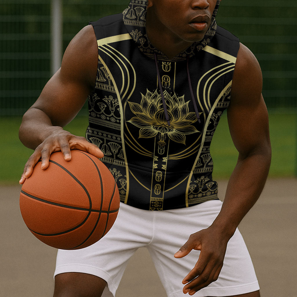 Egypt The Lotus Sleeveless Hoodie Gold Bloom Hieroglyphic Patterns