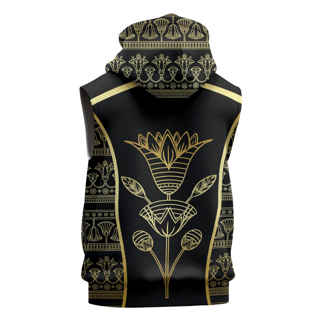 Egypt The Lotus Sleeveless Zip Hoodie Gold Bloom Hieroglyphic Patterns