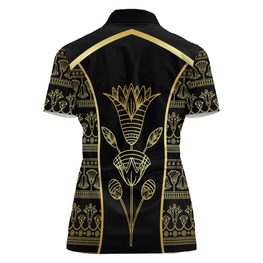 Egypt The Lotus Women Polo Shirt Gold Bloom Hieroglyphic Patterns