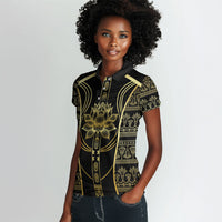 Egypt The Lotus Women Polo Shirt Gold Bloom Hieroglyphic Patterns