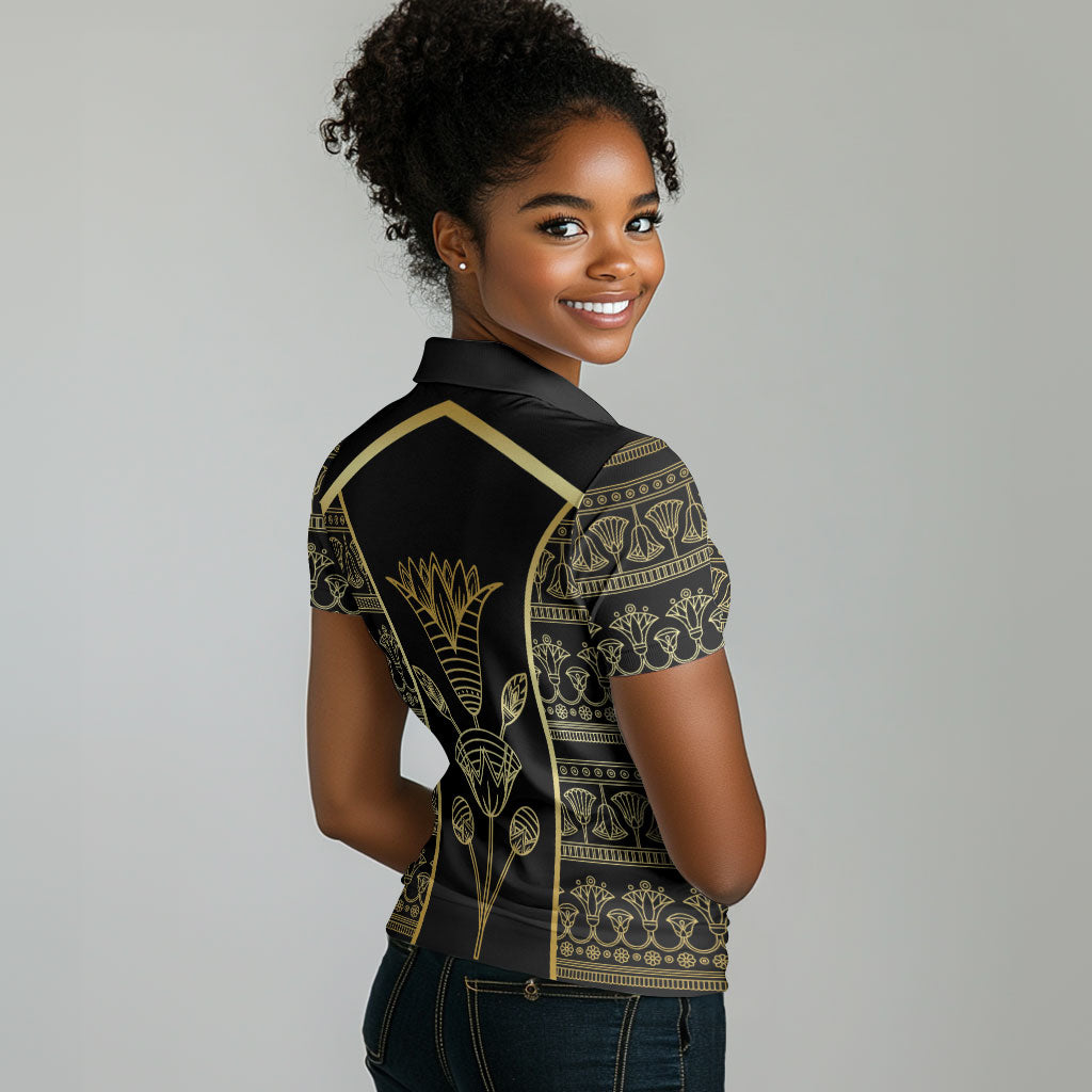 Egypt The Lotus Women Polo Shirt Gold Bloom Hieroglyphic Patterns