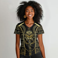 Egypt The Lotus Women V-Neck T-Shirt Gold Bloom Hieroglyphic Patterns