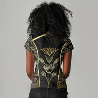 Egypt The Lotus Women V-Neck T-Shirt Gold Bloom Hieroglyphic Patterns