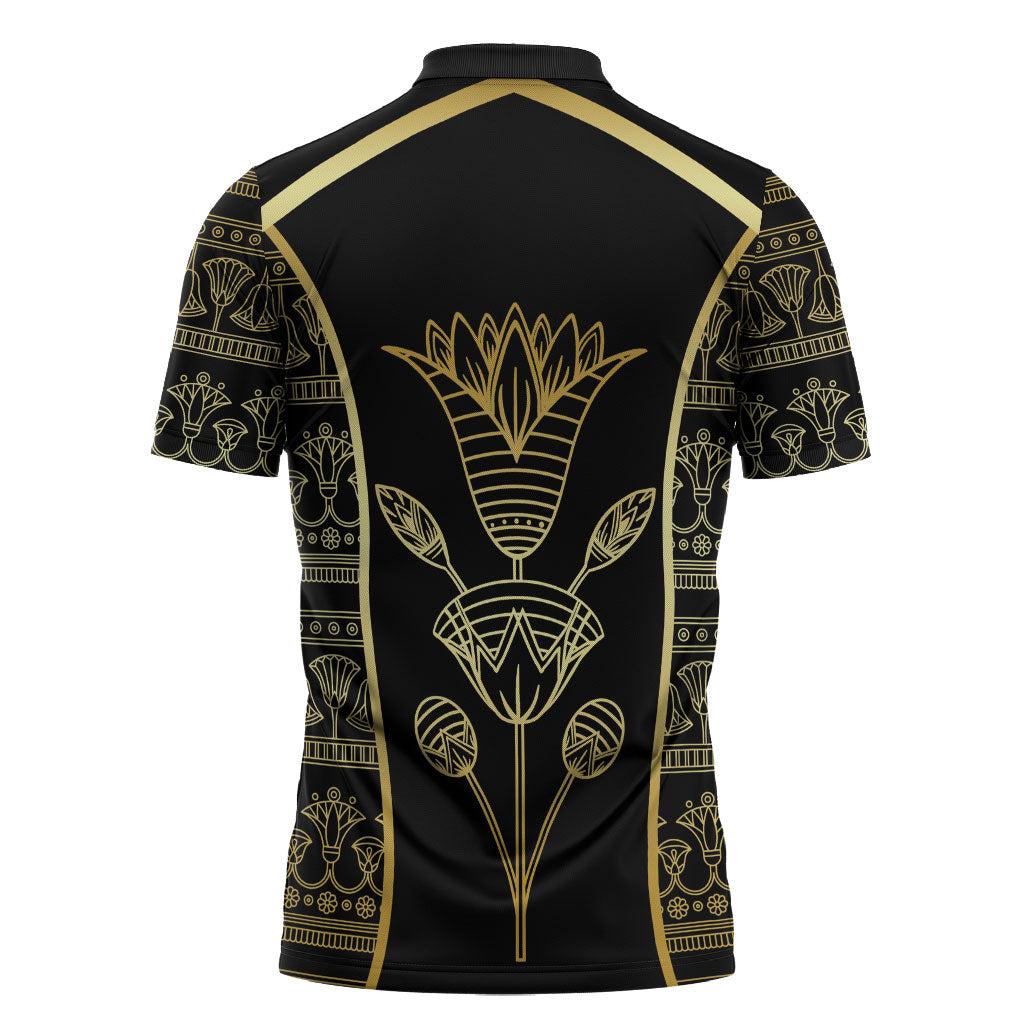 Egypt The Lotus Zipper Polo Shirt Gold Bloom Hieroglyphic Patterns