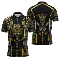 Egypt The Lotus Zipper Polo Shirt Gold Bloom Hieroglyphic Patterns