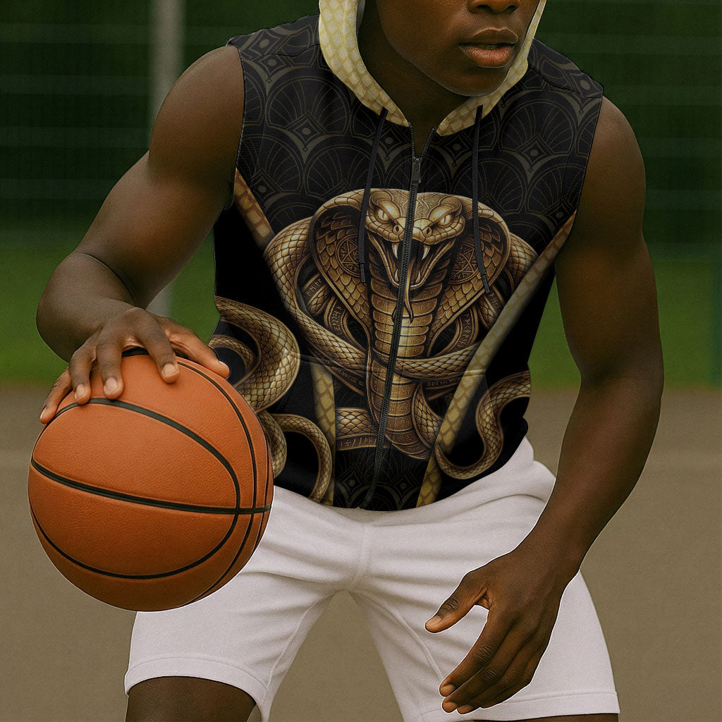 Egypt Uraeus Sleeveless Zip Hoodie Gold Cobra Luxury Style