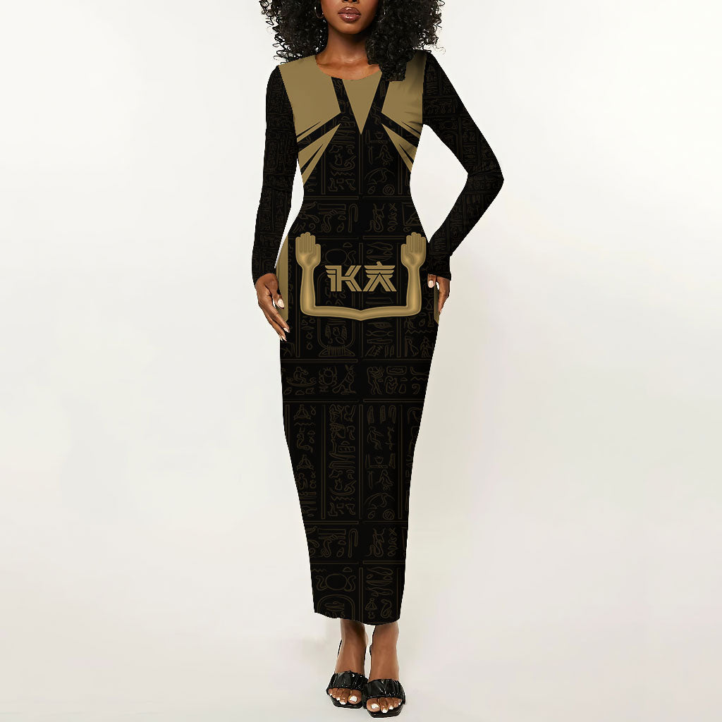 Custom Egypt KA Long Sleeve Bodycon Dress Gold Symbol Hieroglyphic Texture