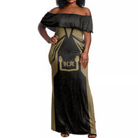 Custom Egypt KA Off Shoulder Maxi Dress Gold Symbol Hieroglyphic Texture