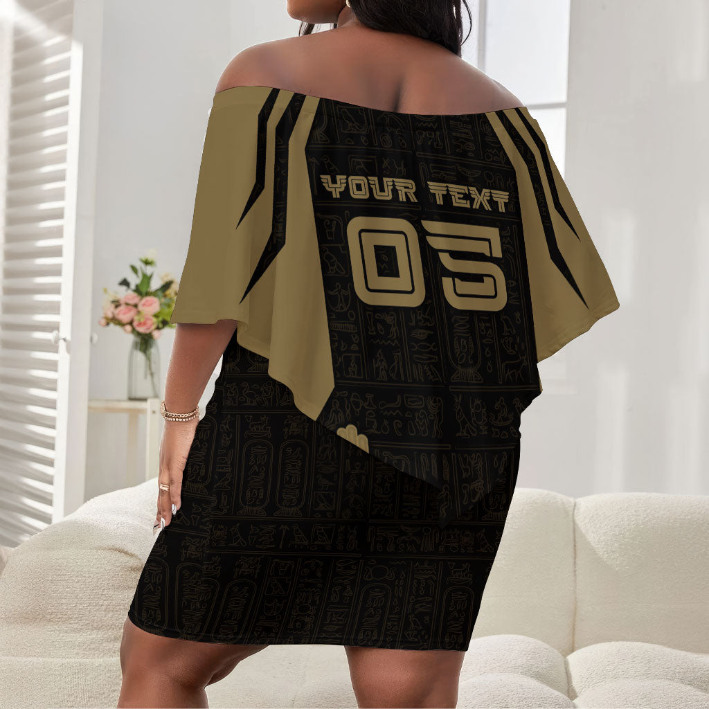 Custom Egypt KA Off Shoulder Short Dress Gold Symbol Hieroglyphic Texture