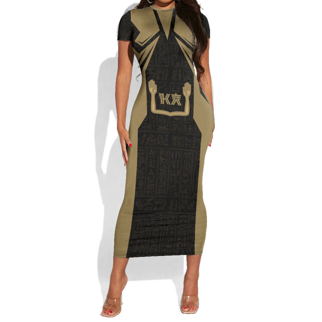 Custom Egypt KA Short Sleeve Bodycon Dress Gold Symbol Hieroglyphic Texture