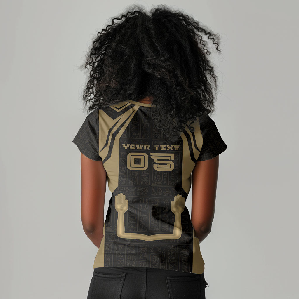 Custom Egypt KA Women V-Neck T-Shirt Gold Symbol Hieroglyphic Texture