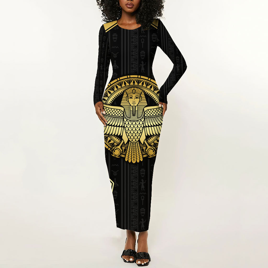 Egypt BA Long Sleeve Bodycon Dress Winged Pharaoh Hieroglyphic Patterns