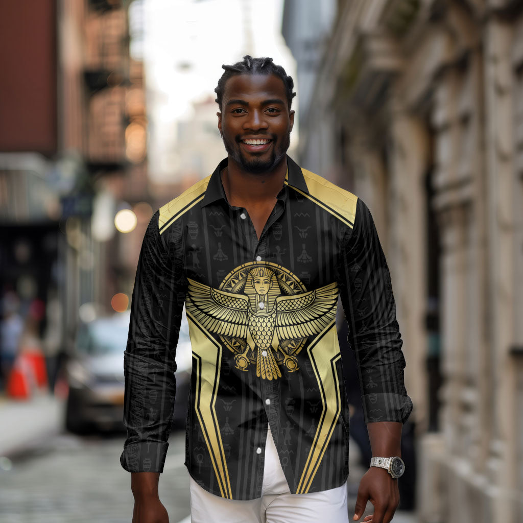 Egypt BA Long Sleeve Button Shirt Winged Pharaoh Hieroglyphic Patterns