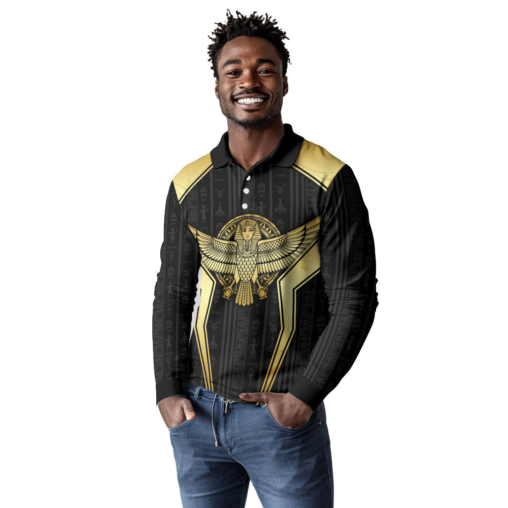 Egypt BA Long Sleeve Polo Shirt Winged Pharaoh Hieroglyphic Patterns
