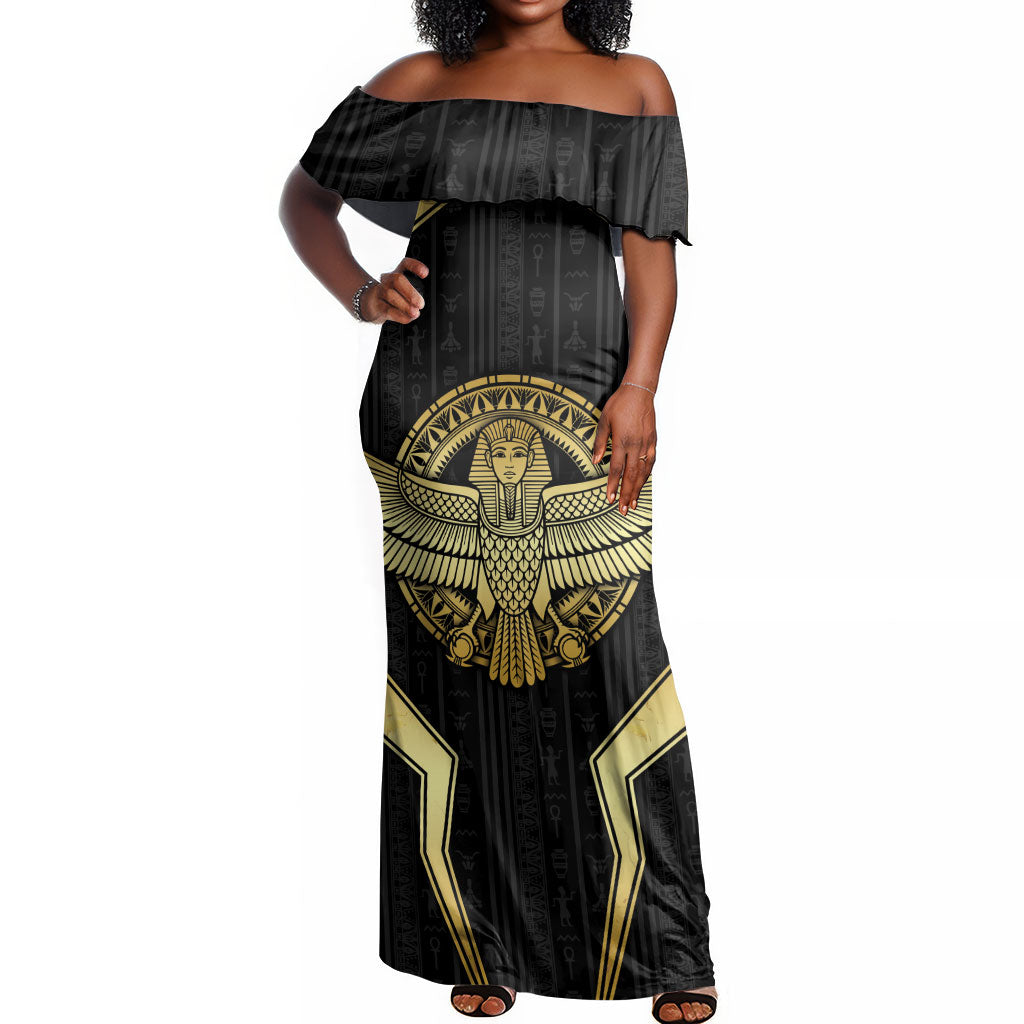 Egypt BA Off Shoulder Maxi Dress Winged Pharaoh Hieroglyphic Patterns