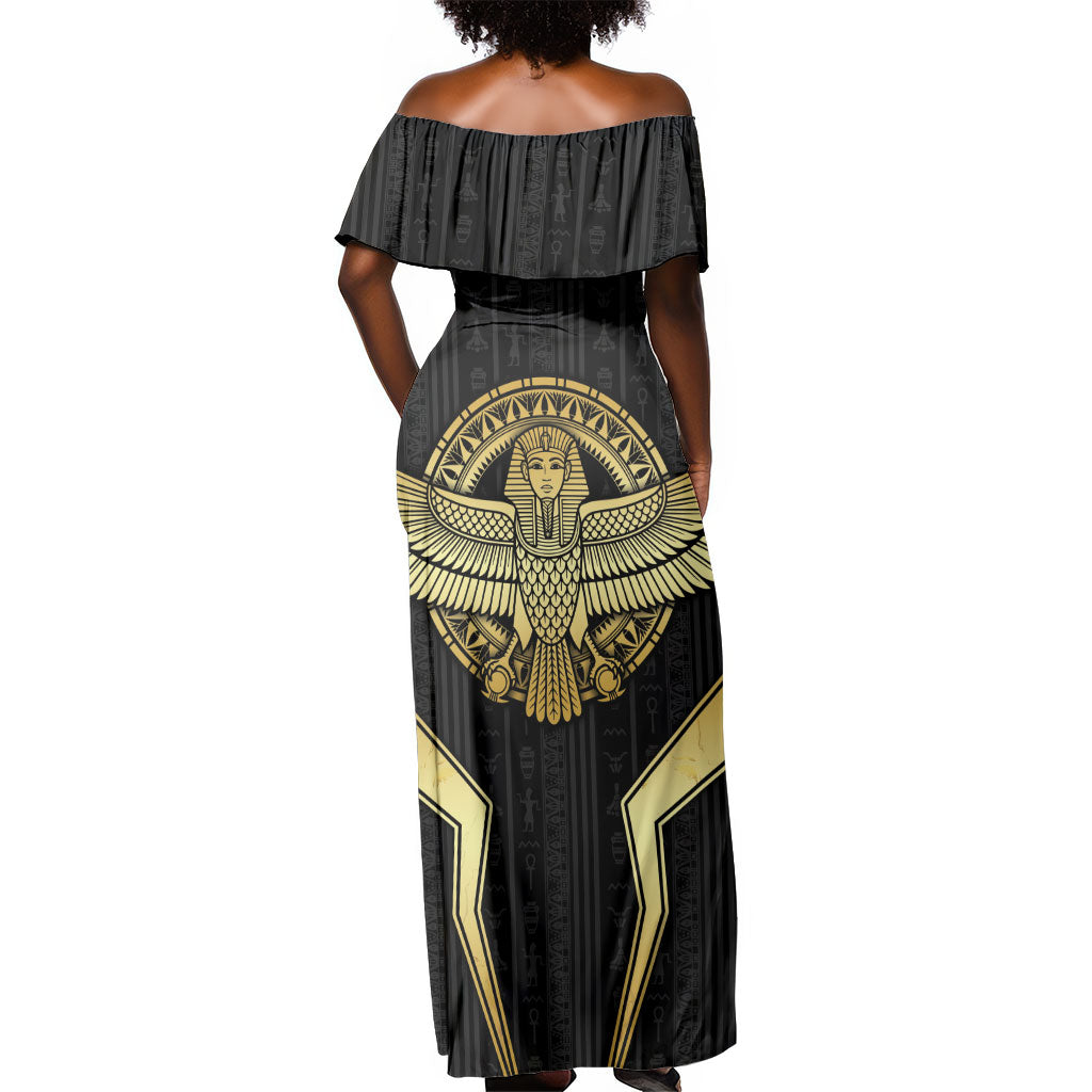 Egypt BA Off Shoulder Maxi Dress Winged Pharaoh Hieroglyphic Patterns