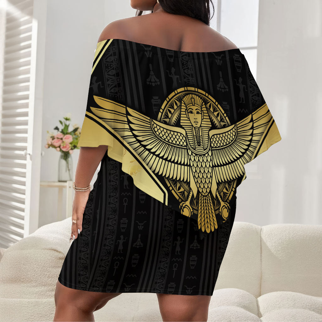 Egypt BA Off Shoulder Short Dress Winged Pharaoh Hieroglyphic Patterns