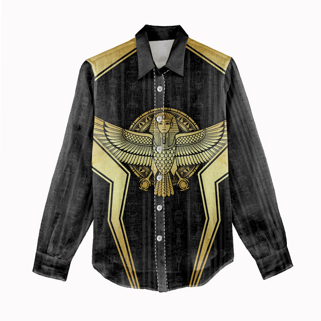 Egypt BA Women Casual Shirt Winged Pharaoh Hieroglyphic Patterns