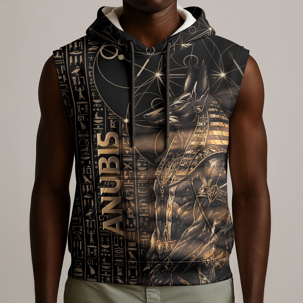 Personalized Egyptian God Anubis Sleeveless Hoodie Jackal Headed Deity Ancient Egypt Mythology Gilded