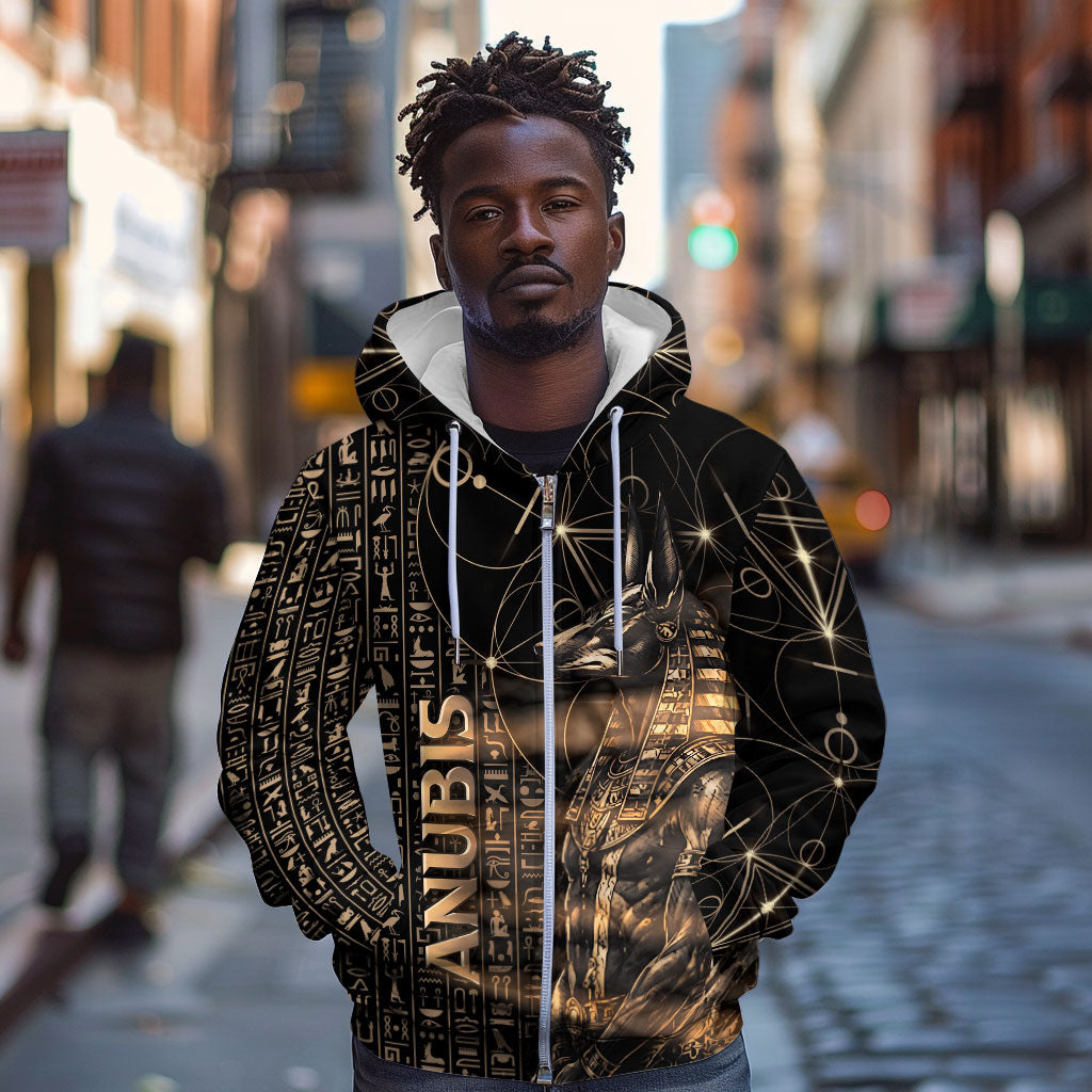 Personalized Egyptian God Anubis Zip Hoodie Jackal Headed Deity Ancient Egypt Mythology Gilded