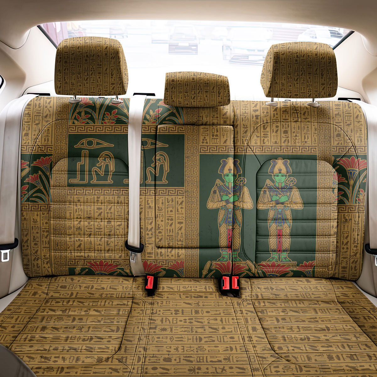 Egyptian God Osiris Back Car Seat Cover Green Pharaonic Hieroglyphic Patterns